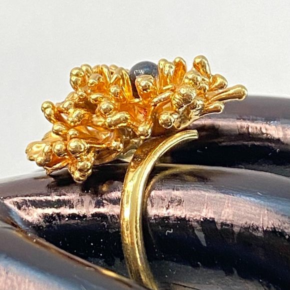 Gold Tone Brutalist Ring With Tiny Single Black Olive Stone Adjustable - Picture 2 of 9